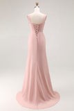 Blush Pink Cowl Neck Long Bridesmaid Dress with Slit
