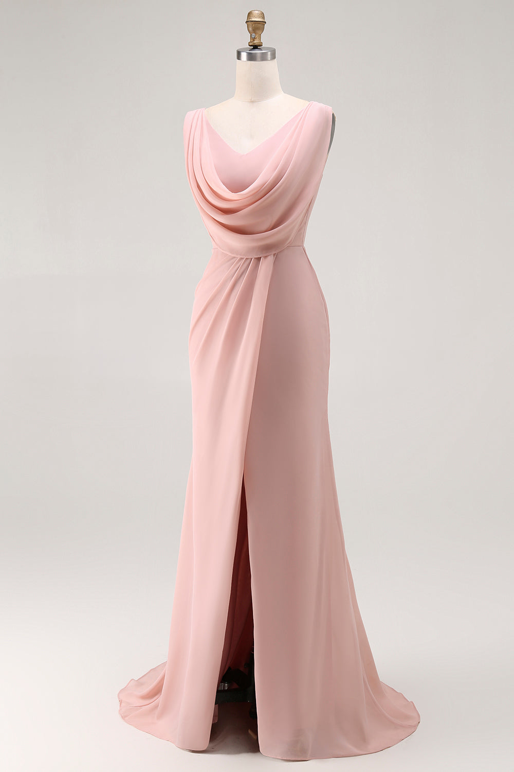 Blush Pink Cowl Neck Long Bridesmaid Dress with Slit