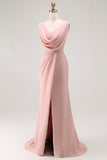 Blush Pink Cowl Neck Long Bridesmaid Dress with Slit