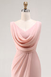 Blush Pink Cowl Neck Long Bridesmaid Dress with Slit