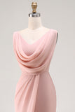 Blush Pink Cowl Neck Long Bridesmaid Dress with Slit