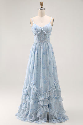 Blue A Line Floral Ruffled Long Bridesmaid Dress with Slit