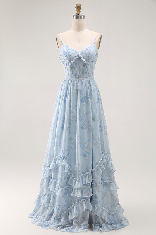 Blue A Line Floral Ruffled Long Bridesmaid Dress with Slit