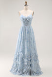 Blue A Line Floral Ruffled Long Bridesmaid Dress with Slit