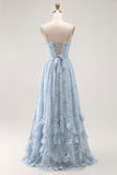 Blue A Line Floral Ruffled Long Bridesmaid Dress with Slit