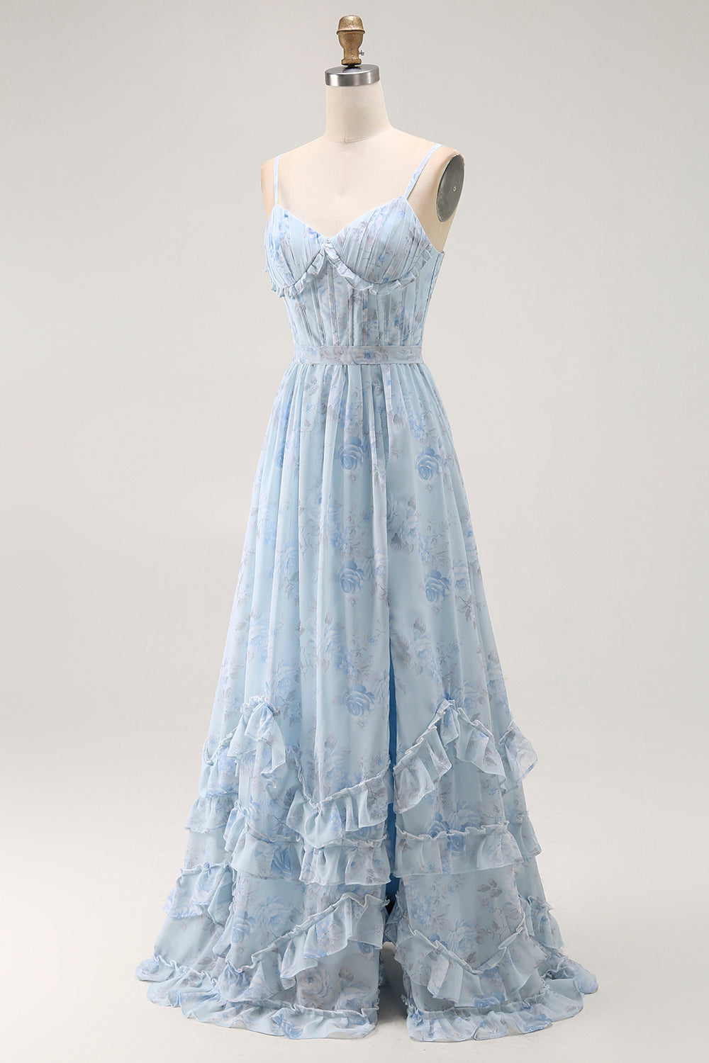 Blue A Line Floral Ruffled Long Bridesmaid Dress with Slit