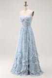 Blue A Line Floral Ruffled Long Bridesmaid Dress with Slit
