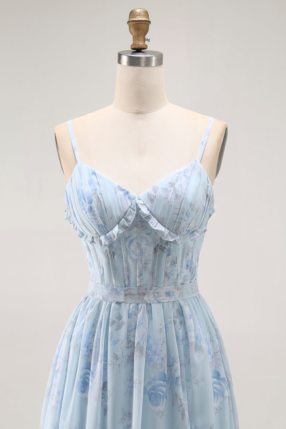 Blue A Line Floral Ruffled Long Bridesmaid Dress with Slit
