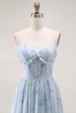 Blue A Line Floral Ruffled Long Bridesmaid Dress with Slit
