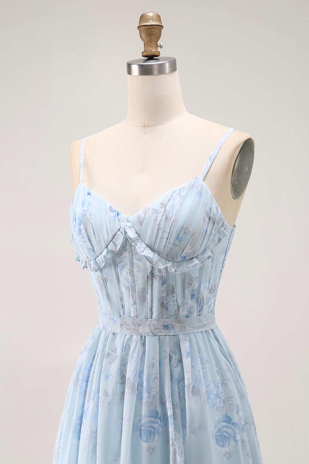 Blue A Line Floral Ruffled Long Bridesmaid Dress with Slit