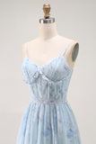 Blue A Line Floral Ruffled Long Bridesmaid Dress with Slit