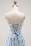 Blue A Line Floral Ruffled Long Bridesmaid Dress with Slit