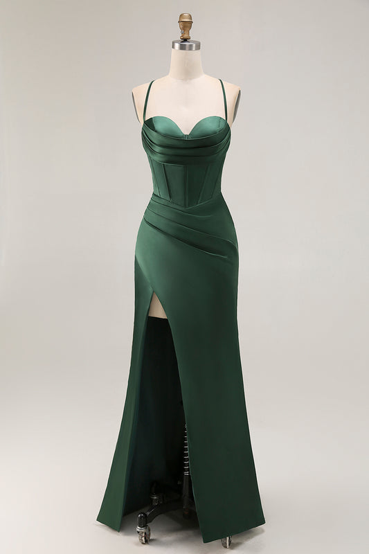 Dark Green Corset Mermaid Satin Long Wedding Guest Dress with Slit