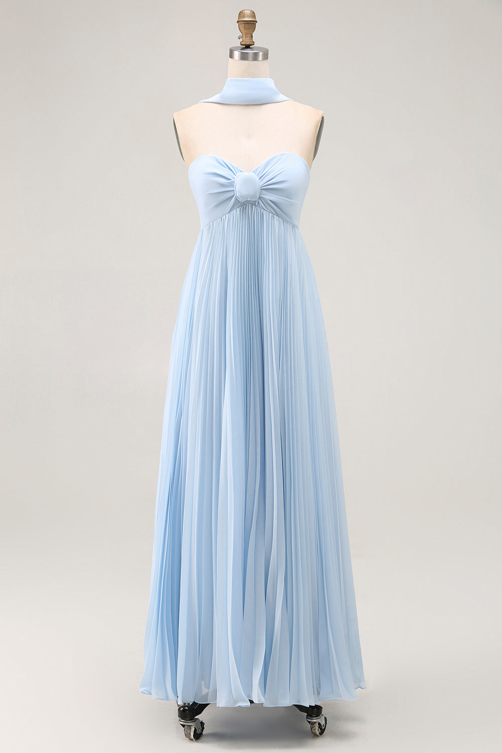 Sky Blue A Line Neck Scarf Pleated Long Bridesmaid Dress