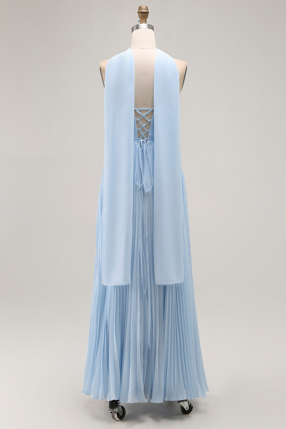 Sky Blue A Line Neck Scarf Pleated Long Bridesmaid Dress