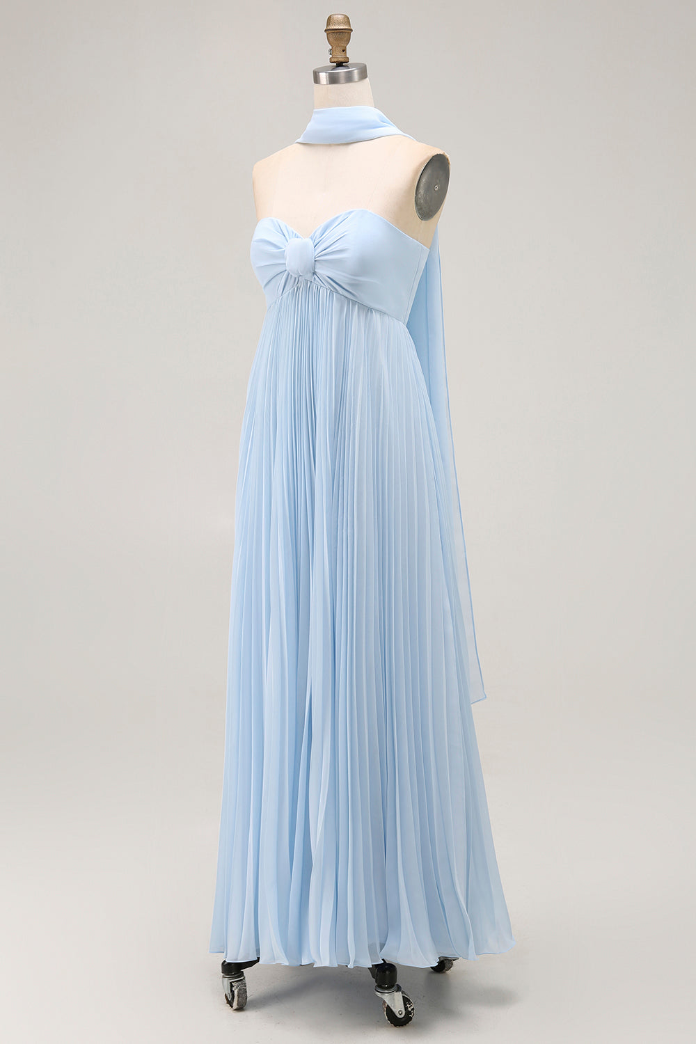 Sky Blue A Line Neck Scarf Pleated Long Bridesmaid Dress