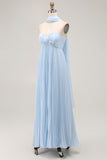 Sky Blue A Line Neck Scarf Pleated Long Bridesmaid Dress