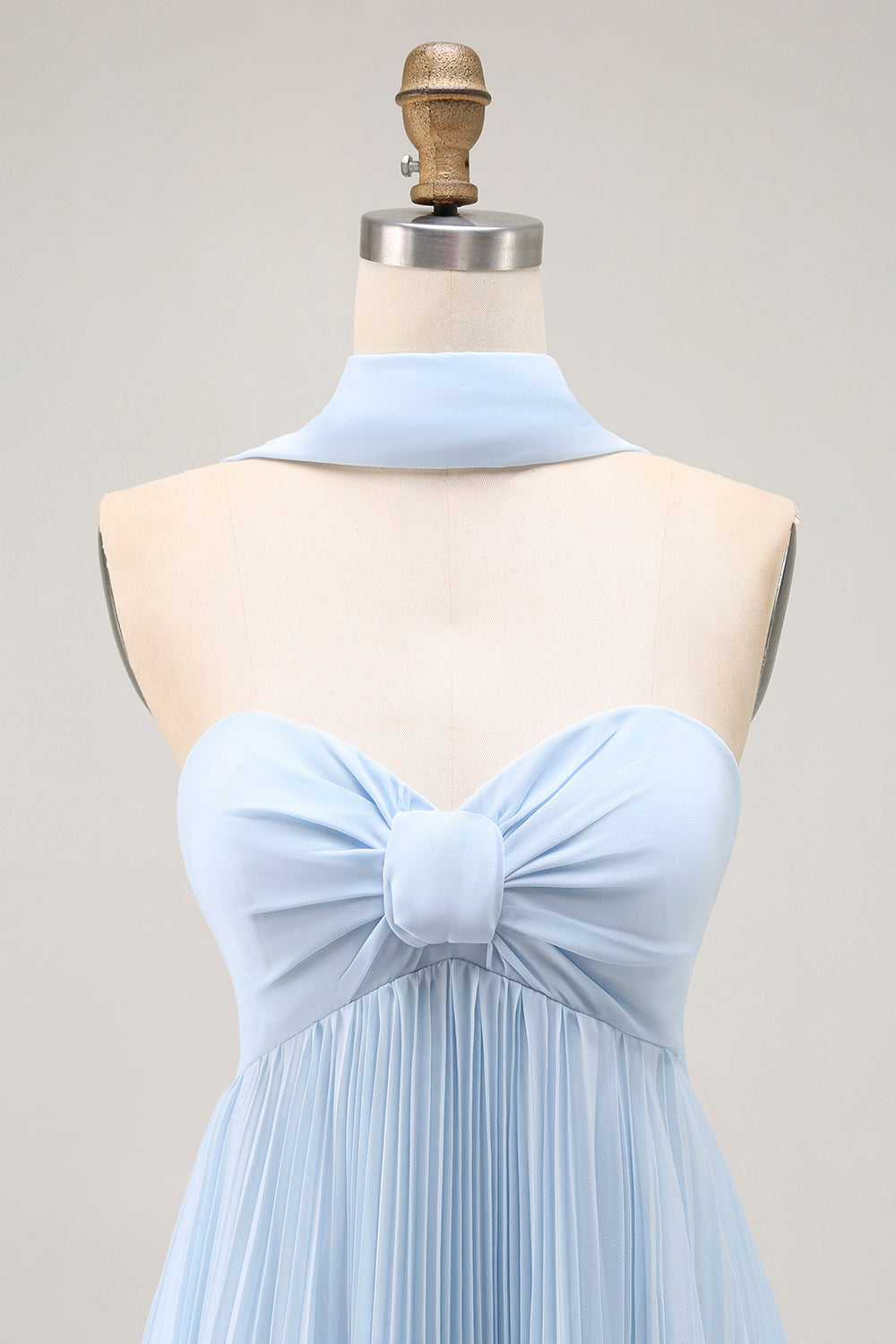 Sky Blue A Line Neck Scarf Pleated Long Bridesmaid Dress