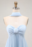Sky Blue A Line Neck Scarf Pleated Long Bridesmaid Dress