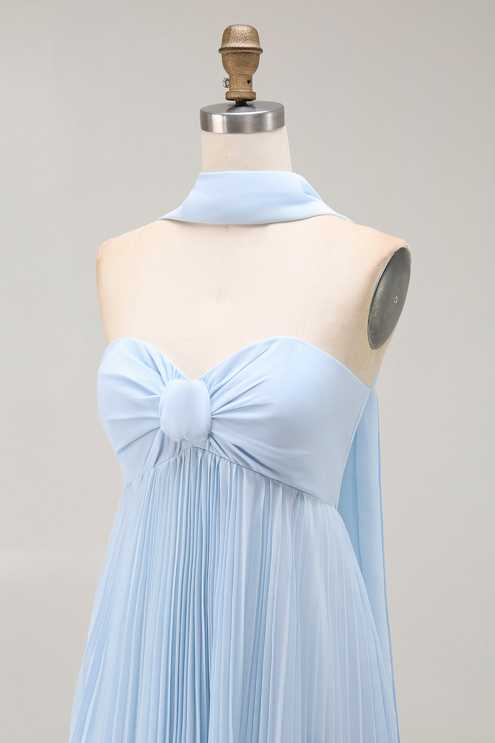 Sky Blue A Line Neck Scarf Pleated Long Bridesmaid Dress