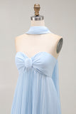 Sky Blue A Line Neck Scarf Pleated Long Bridesmaid Dress
