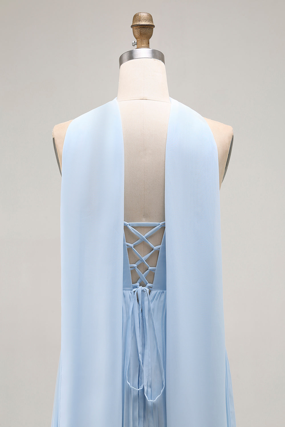 Sky Blue A Line Neck Scarf Pleated Long Bridesmaid Dress