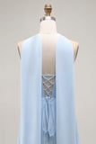Sky Blue A Line Neck Scarf Pleated Long Bridesmaid Dress