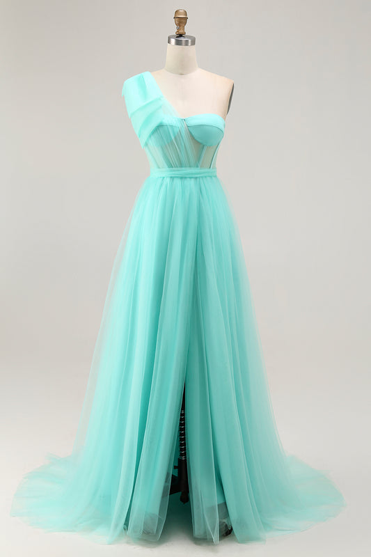 Mint Green Corset One Shoulder A Line Long Wedding Guest Dress with Slit