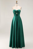 Simple Dark Green Satin Strapless Long Wedding Guest Dress
