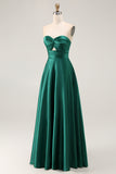 Simple Dark Green Satin Strapless Long Wedding Guest Dress