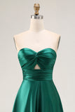Simple Dark Green Satin Strapless Long Wedding Guest Dress