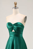 Simple Dark Green Satin Strapless Long Wedding Guest Dress