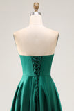 Simple Dark Green Satin Strapless Long Wedding Guest Dress