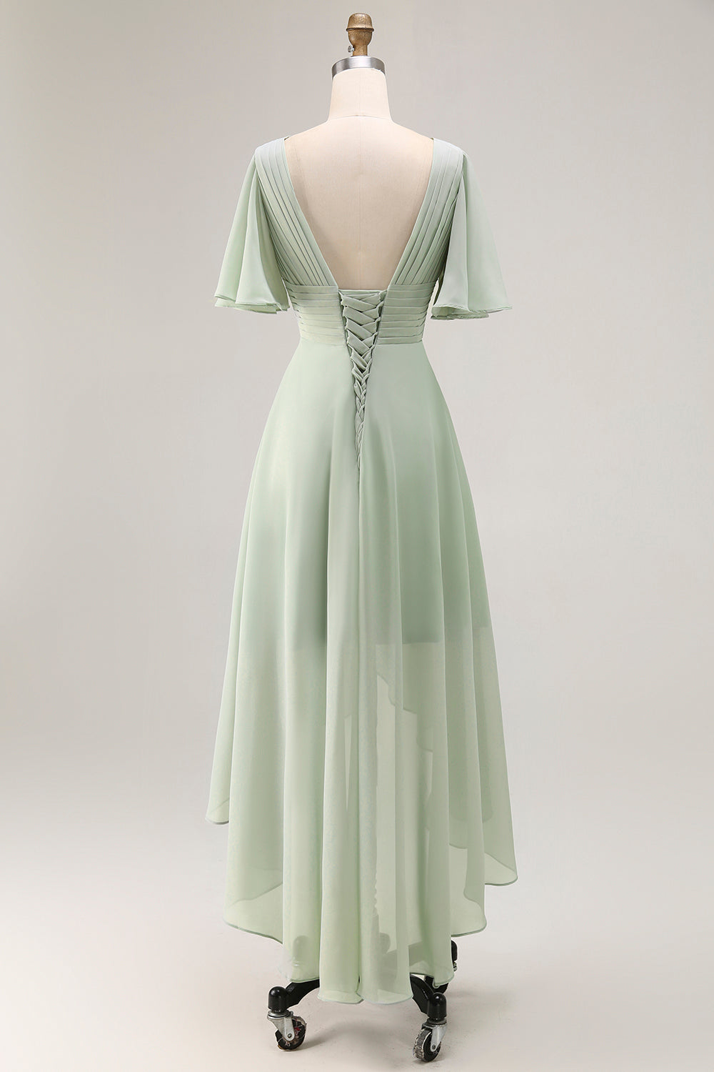 Sage Green V-Neck Chiffon High-Low Bridesmaid Dress with Sleeves