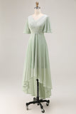 Sage Green V-Neck Chiffon High-Low Bridesmaid Dress with Sleeves