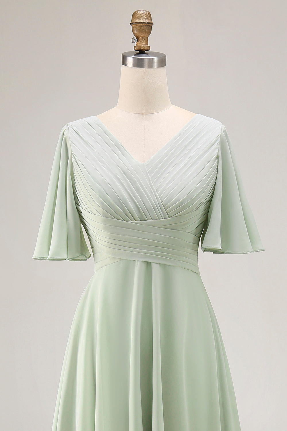 Sage Green V-Neck Chiffon High-Low Bridesmaid Dress with Sleeves