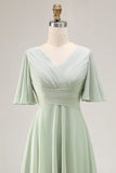 Sage Green V-Neck Chiffon High-Low Bridesmaid Dress with Sleeves
