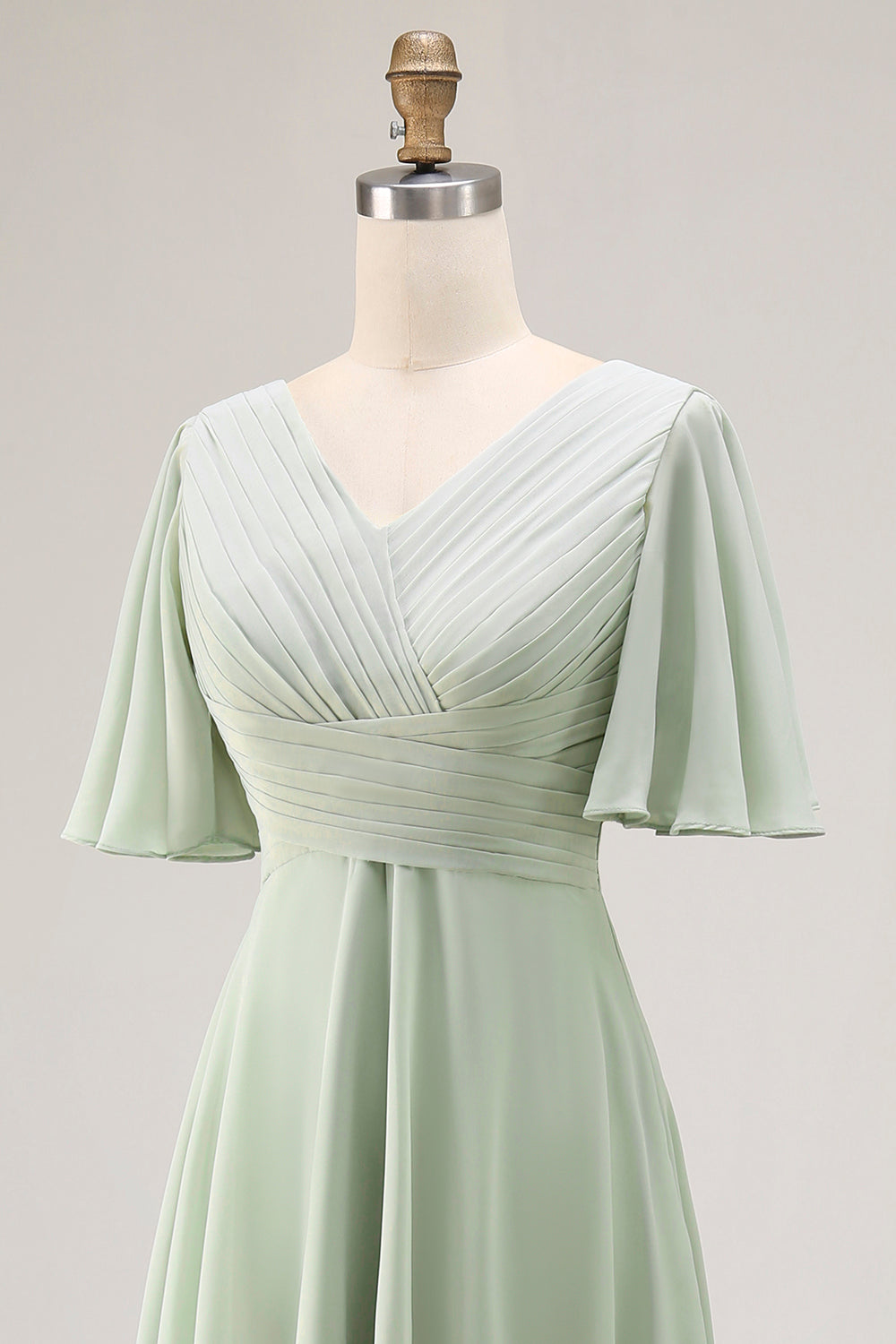 Sage Green V-Neck Chiffon High-Low Bridesmaid Dress with Sleeves