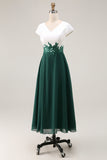 White Green V-Neck Appliqued Long Mother of the Bride Dress with Sleeves