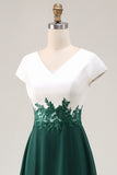 White Green V-Neck Appliqued Long Mother of the Bride Dress with Sleeves