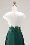 White Green V-Neck Appliqued Long Mother of the Bride Dress with Sleeves