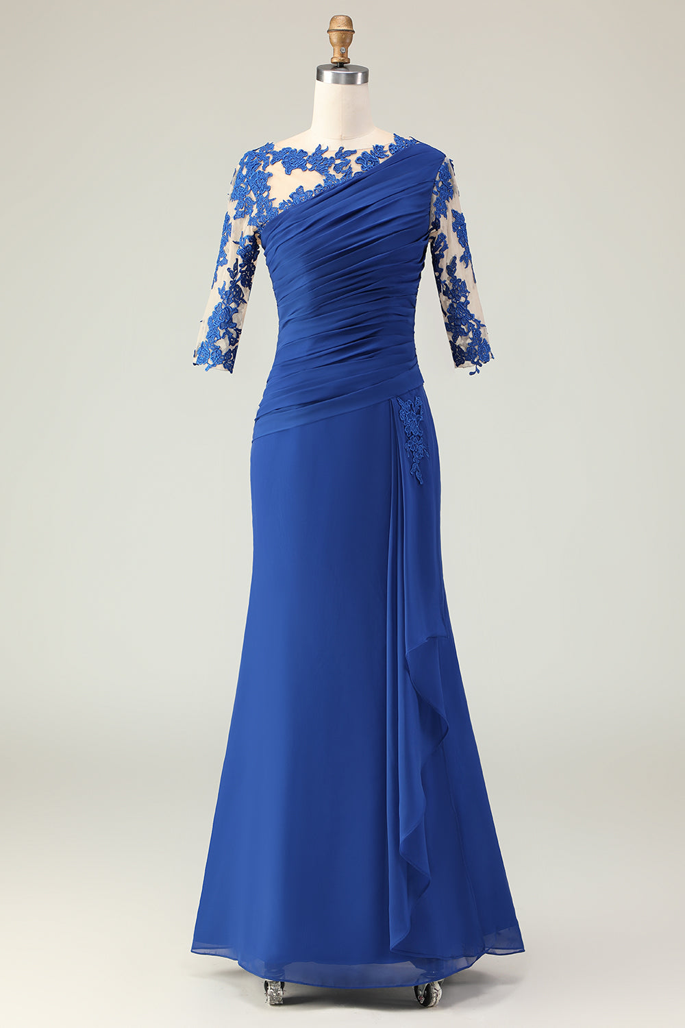 Royal Blue Ruffled Mermaid Long Mother of the Bride Dress with Sleeves