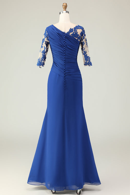 Royal Blue Ruffled Mermaid Long Mother of the Bride Dress with Sleeves
