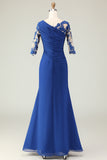 Royal Blue Ruffled Mermaid Long Mother of the Bride Dress with Sleeves