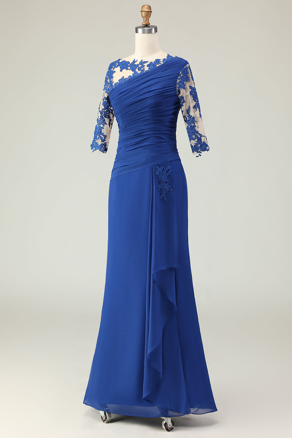 Royal Blue Ruffled Mermaid Long Mother of the Bride Dress with Sleeves