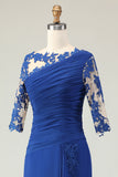 Royal Blue Ruffled Mermaid Long Mother of the Bride Dress with Sleeves