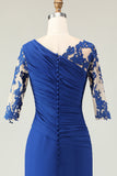 Royal Blue Ruffled Mermaid Long Mother of the Bride Dress with Sleeves
