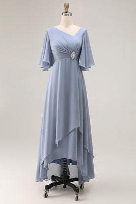 Dusty Blue Asymmetrical Ruched Long Mother of the Bride Dress with Sleeves