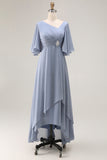 Dusty Blue Asymmetrical Ruched Long Mother of the Bride Dress with Sleeves