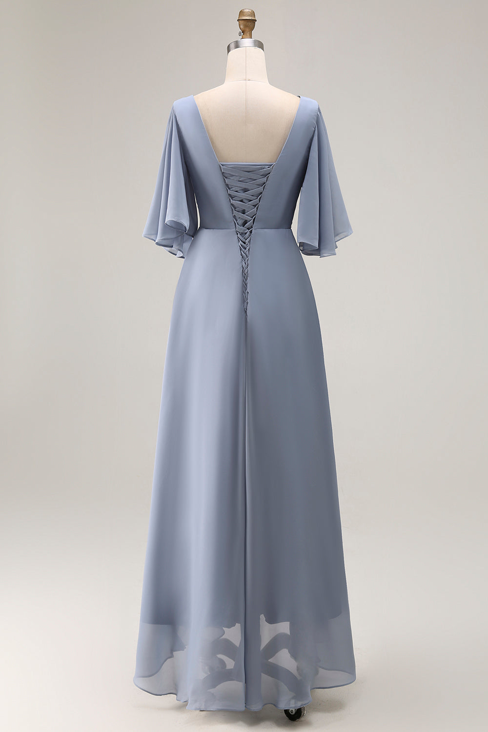Dusty Blue Asymmetrical Ruched Long Mother of the Bride Dress with Sleeves